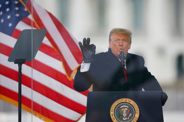 <p>Donald Trump speaking during a rally to contest the certification of the 2020 US presidential election results  in Washington, January 6, 2021</p>