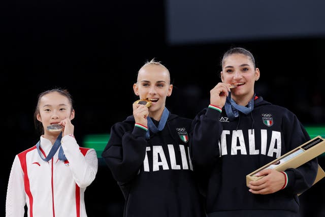 <p>Gold medallist Alice D'Amato of Italy, silver medallist Yaqin Zhou of China and bronze medallist Manila Esposito of Italy</p>