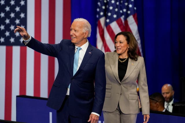 <p>U.S. President Joe Biden and Vice President Kamala Harris walk out together at an event on Medicare drug price negotiations on August 15</p>