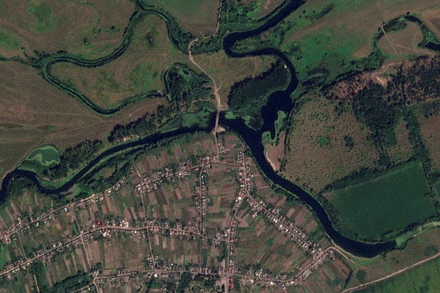 <p>A satellite image shows a strategic bridge over the Seym River that was destroyed in Zvannoe over the weekend  </p>