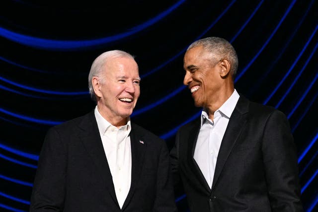 <p>President Joe Biden and former US president Barack Obama attend a campaign fundraiser at the Peacock Theater in Los Angeles on 15 June 2024</p>