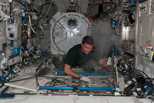 <p>Astronaut Reid Wiseman inserting human biological samples a freezer for ISS</p>