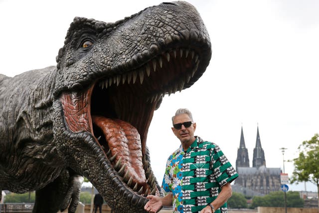 <p>Actor Jeff Goldblum stands in front of a T-Rex figure, with the Cologne Cathedral in the background, during a photocall for the new film - Jurassic World Dominion</p>