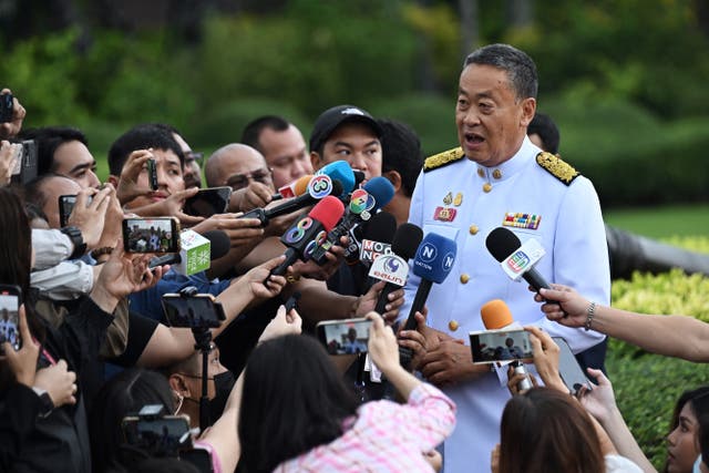 <p>Thailand’s prime minister Srettha Thavisin speaks to reporters outside Government House in Bangkok</p>