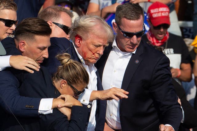 <p>Donald Trump is seen with blood on his face surrounded by Secret Service agents as he’s rushed off the stage after his attempted assassination in Pennsylvania </p>