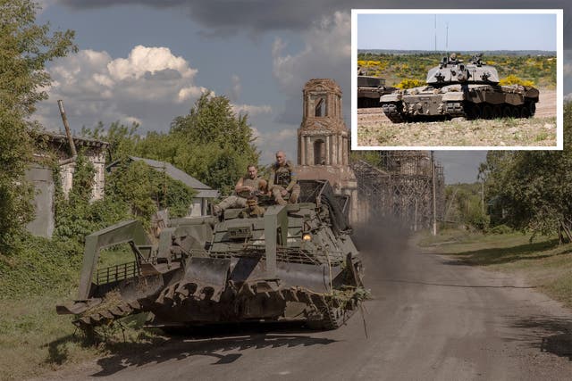 <p>Ukraine’s forces on the border with Russia and, inset, a British Challenger 2 tank </p>