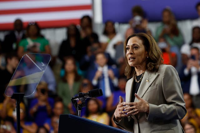 <p>US Vice President Kamala Harris gives remarks alongside US President Joe Biden at Prince George’s Community College on August 15</p>