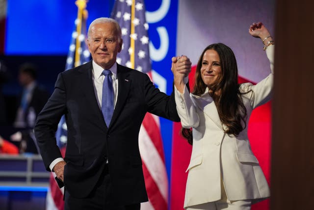 <p> President Joe Biden greets First Daughter Ashley Biden as he takes the stage. Ashley Biden delivered a speech saying her father was the original ‘girl dad’ as he delivered his speech saying he would not seek re-election</p>