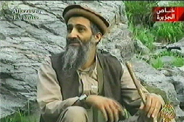 <p>TV grab from Al Jazeera shows Osama bin Laden in an ‘undetermined mountain area’ in 2003 </p>