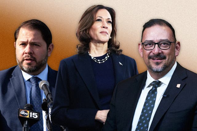 <p>From left: Ruben Gallego, Kamala Harris and Adrian Fontes </p>