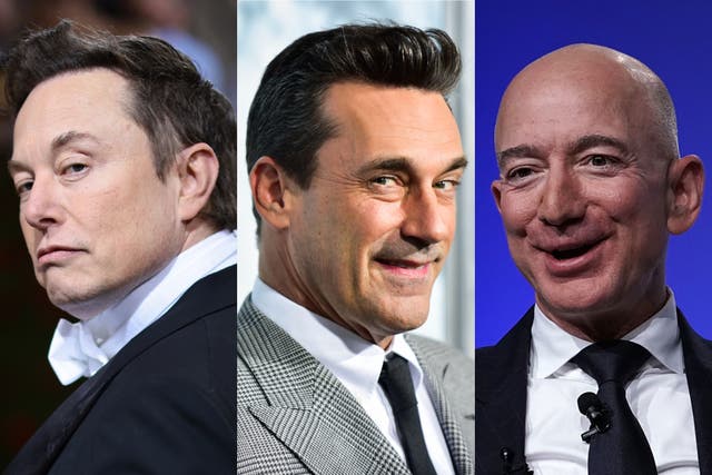 <p>Elon Musk, Jon Hamm and Jeff Bezos</p>