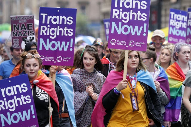 People protesting for Trans rights take part in the Pride parade in Glasgow