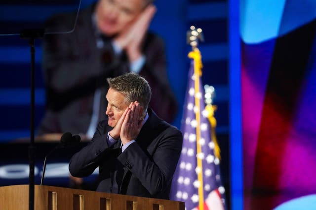 <p>Team USA Men's Basketball coach and Golden State Warriors coach Steve Kerr speaks during the Democratic National Convention Monday</p>