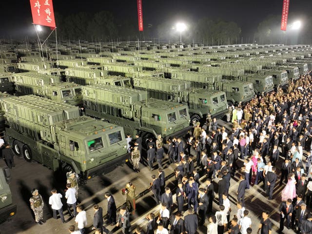 <p>A picture released by Korean Central News Agency shows a general view of a ceremony for transferring 250 tactical ballistic missile launchers to the frontier military units, in Pyongyang</p>