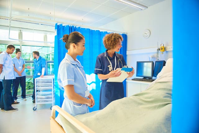 <p> A senior staff nurse instructs a young female nurse </p>