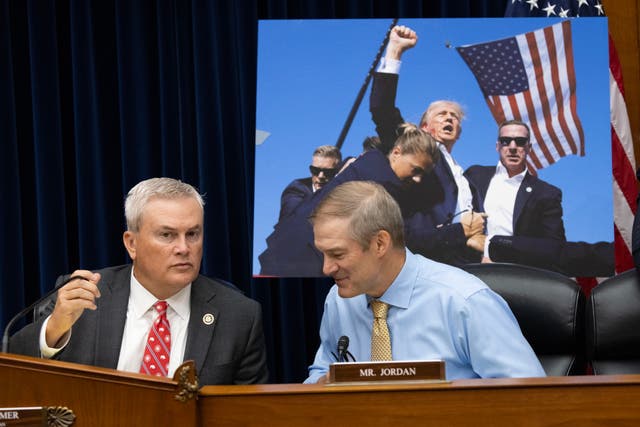 <p>Chairman of the House Oversight Committee James Comer (left) and Republican Representative of Ohio Jim Jordan attend a hearing on oversight of the Secret Service in July 2024. The pair also lead two committees that conducted the impeachment inquiry into President Joe Biden, claiming he engaged in ‘impeachable conduct’ in a new report </p>