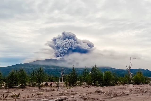 <p>The eruption of the Shiveluch volcano is seen in Kamchatka Peninsula on 18 August</p>