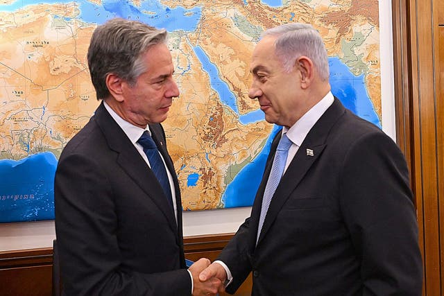 <p>US secretary of state Antony Blinken greets Israeli prime minister Benjamin Netanyahu ahead of talks </p>