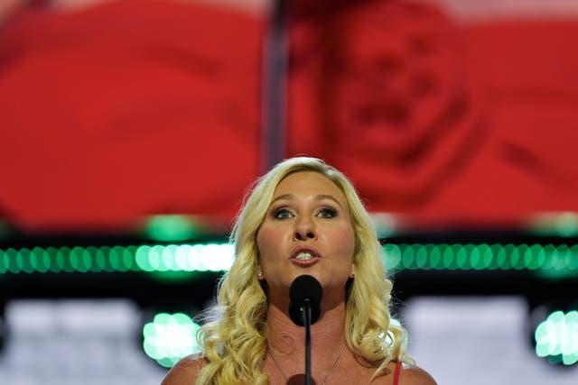 <p>Marjorie Taylor Greene speaking at the RNC in early August. Greene does not believe in abortion and has supported multiple pieces of legislation that restrict abortion access</p>