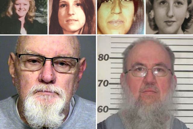 <p>Warren Alexander (bottom left), who is awaiting trial for murder of Nona Cobb (top left), has been arrested for the murder of three women in California (top). Cobb was first thought to be a victim of Sean Patrick Goble (bottom right) until DNA excluded him as a suspect</p>