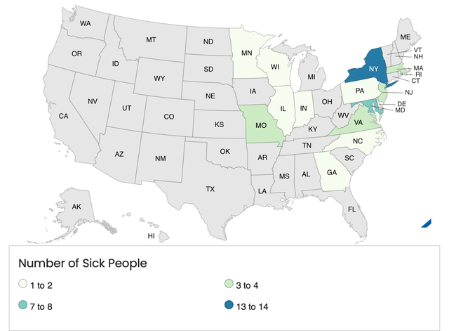 <p>Map showing the Listeria infection outbreak, which has been linked to deli meats </p>