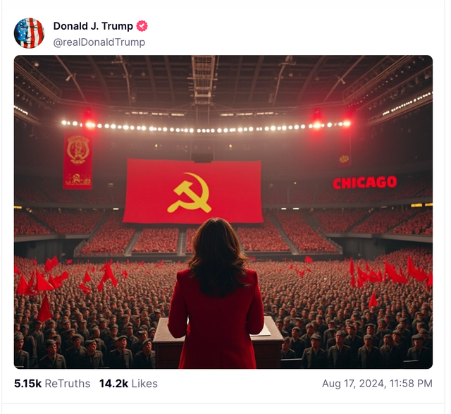 <p>Donald Trump posted an AI-generated image of Kamala Harris presiding over a USSR-like rally after calling her a communist during a rally speech</p>