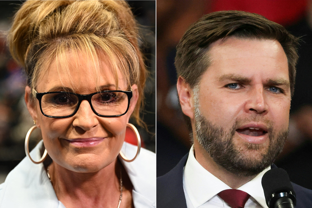 <p>Sarah Palin (left) and JD Vance (right). He is now less popular than she was as a VP candidate</p>